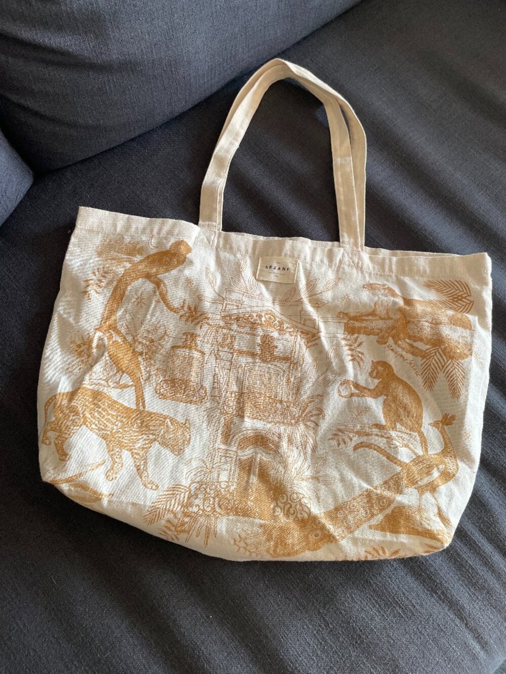 Sezane Cream Canvas Tote with Gold Animal Print